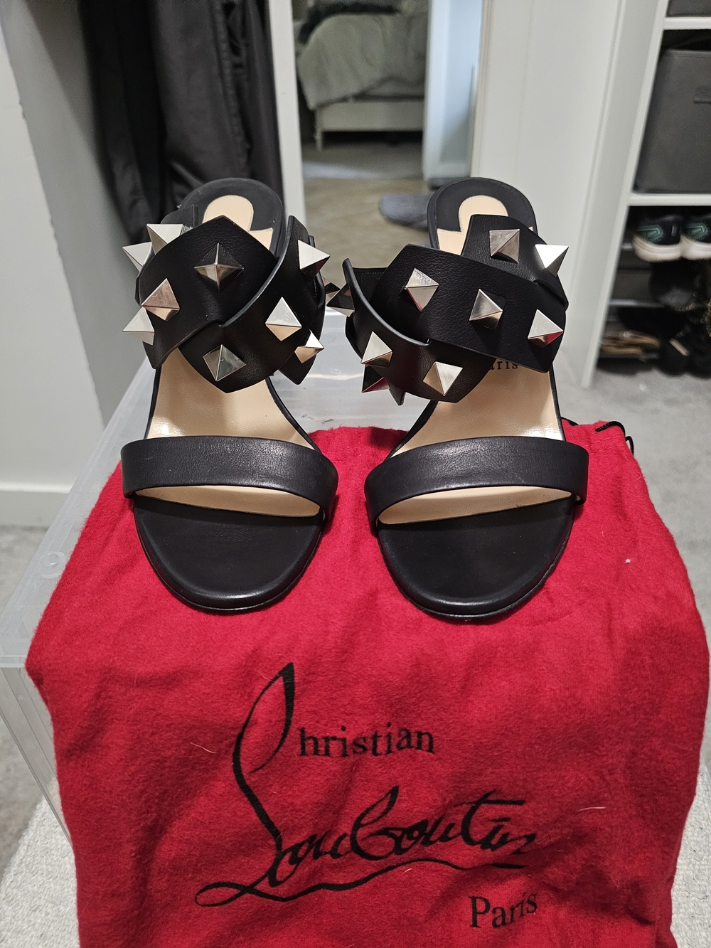 Christian Louboutin Black Leather Studded Slide Sandals